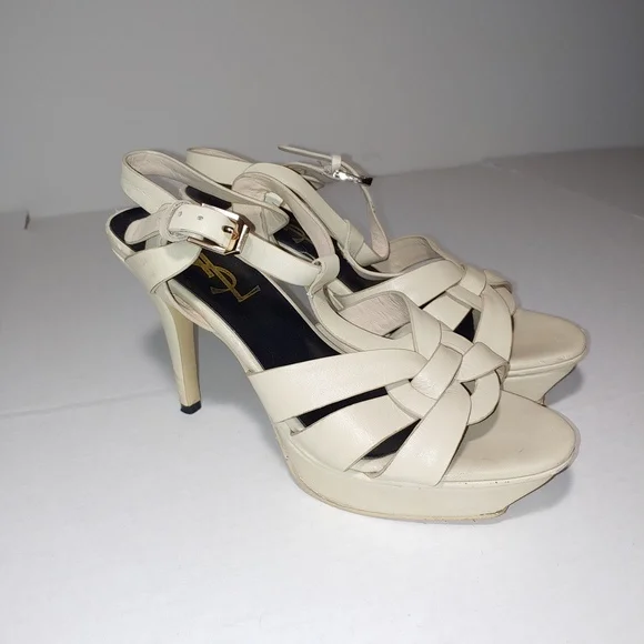 SAINT LAURENT Tribute Platform Sandals in Smooth Leather Cream Size 39 - Picture 1 of 15